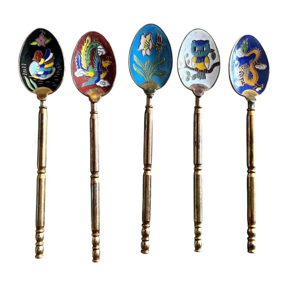 Vintage 1960s Cloisonné Enamel Decorative Spoons Set Of 5 Animal & Floral Design